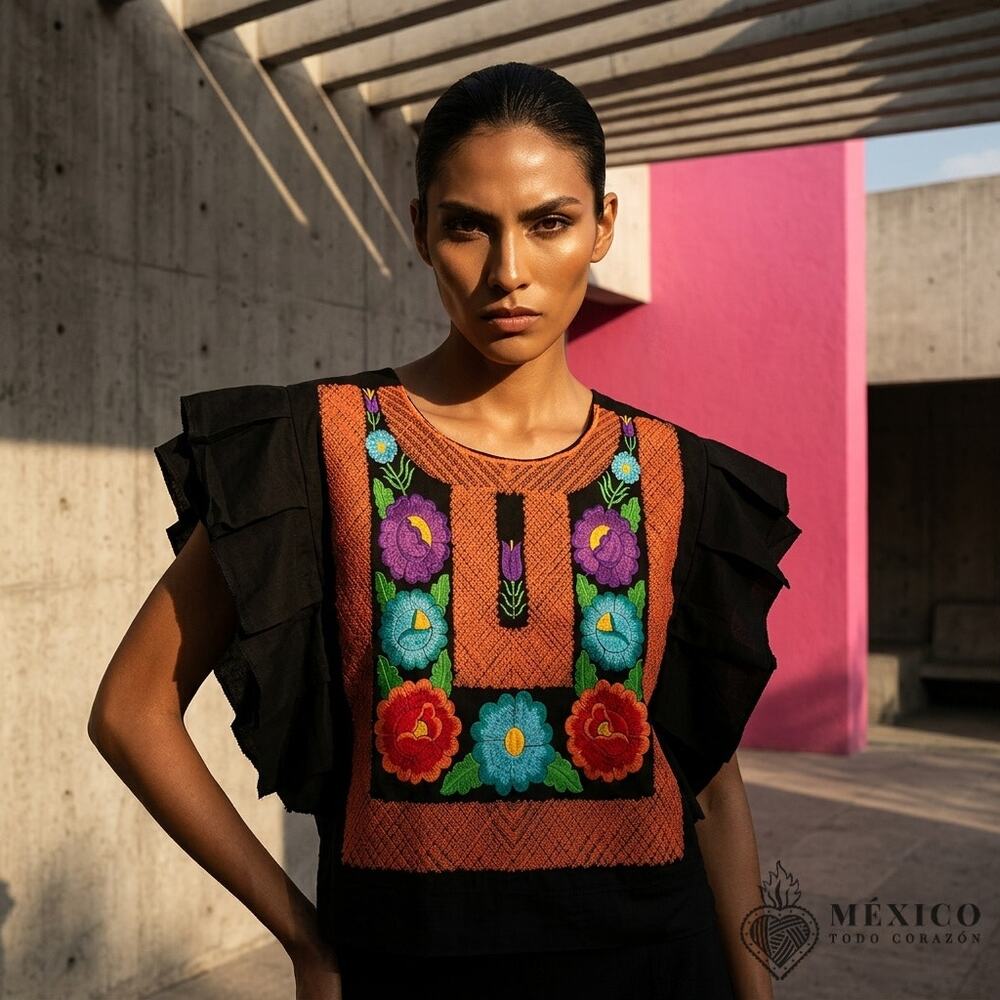 Traditional Mexican Huipil style Blouse – Handmade Embroidered Manta Top S M